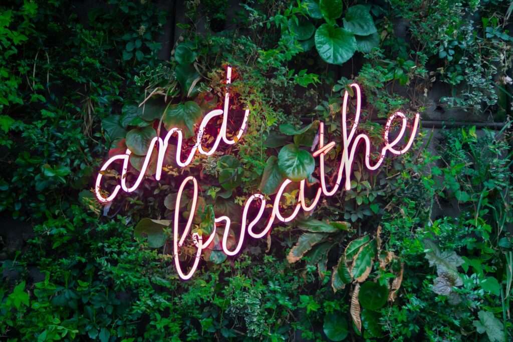 Pink neon sign on green plant wall that says and breathe