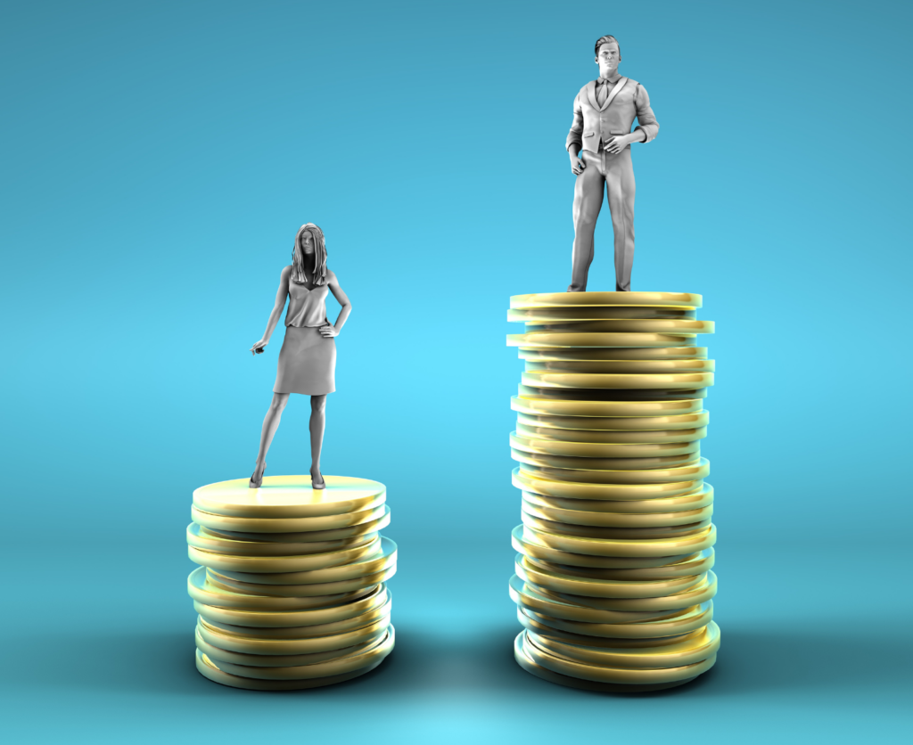 Illustration of two employees standing on different stacks of coins representing pay equity and compensation differences in Ontario workplaces.